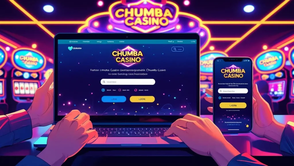 Chumba Casino login screen on laptop and smartphone, showcasing online casino fun and excitement