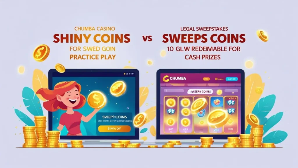 Gold Coins and Sweeps Coins on Chumba Casino interface, explaining how the casino works