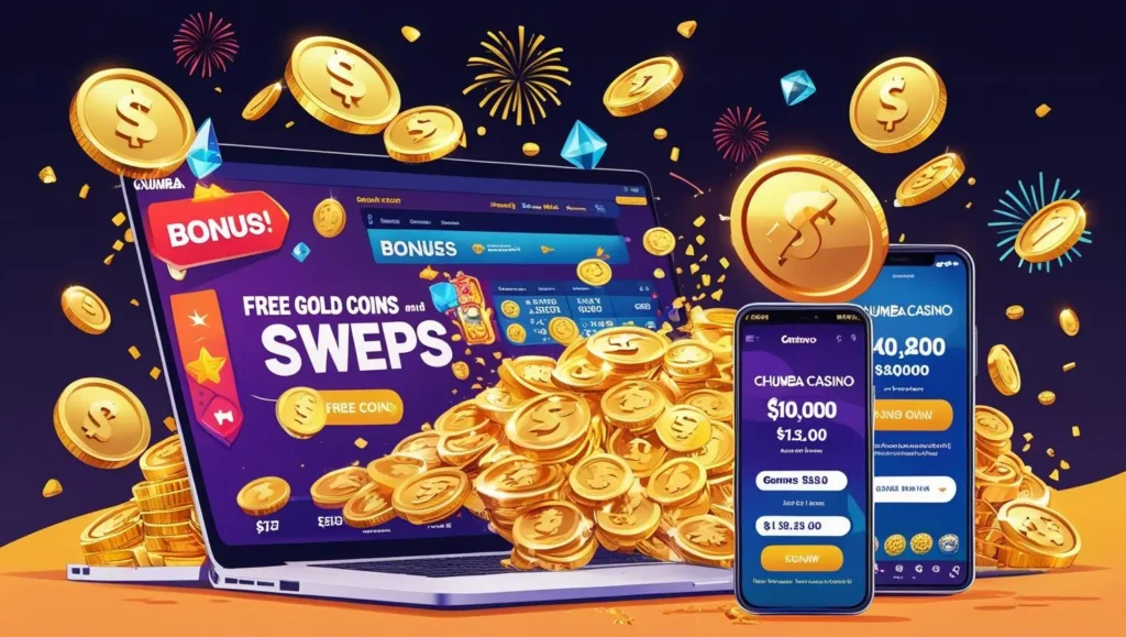 Chumba Casino bonuses and promotions with free Gold Coins and Sweeps Coins displayed on devices