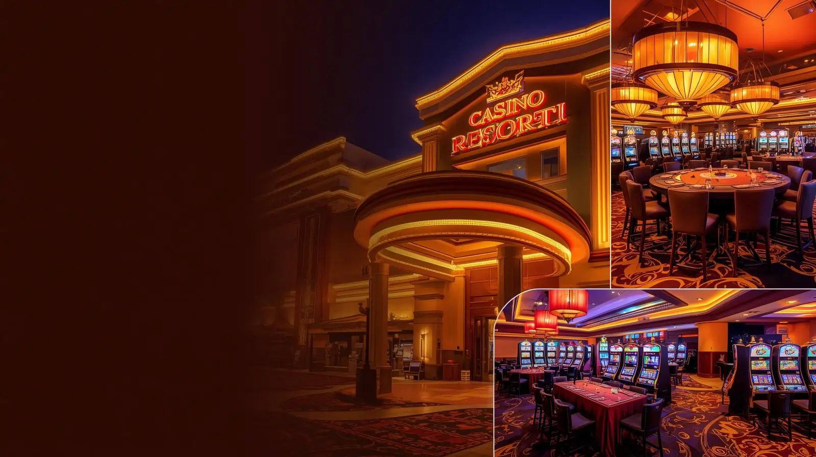 Exterior view of a modern casino resort in Michigan at night with bright lights, slot machines, and dining areas visible inside