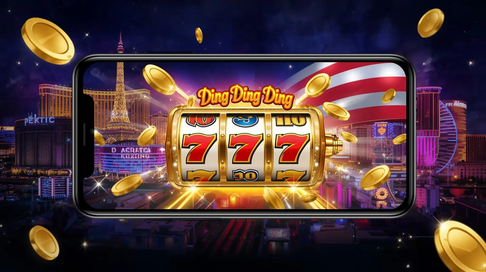 Mobile phone showing Ding Ding Ding Casino app with spinning slots and Vegas skyline.