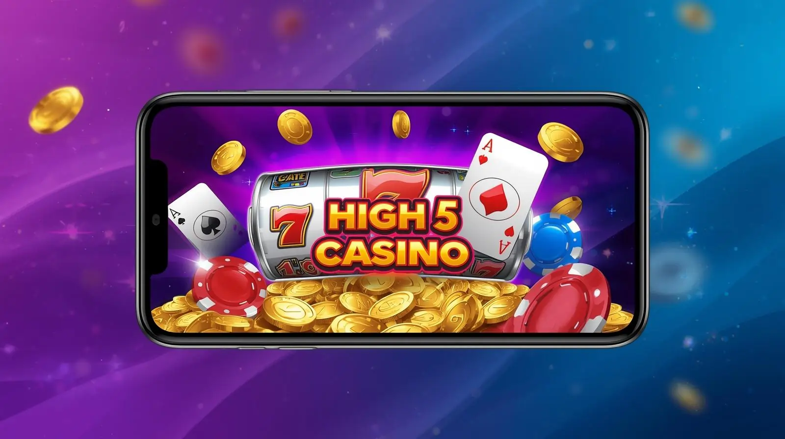 High 5 Casino mobile app showing slot games, poker chips, and casino interface on smartphone screen
