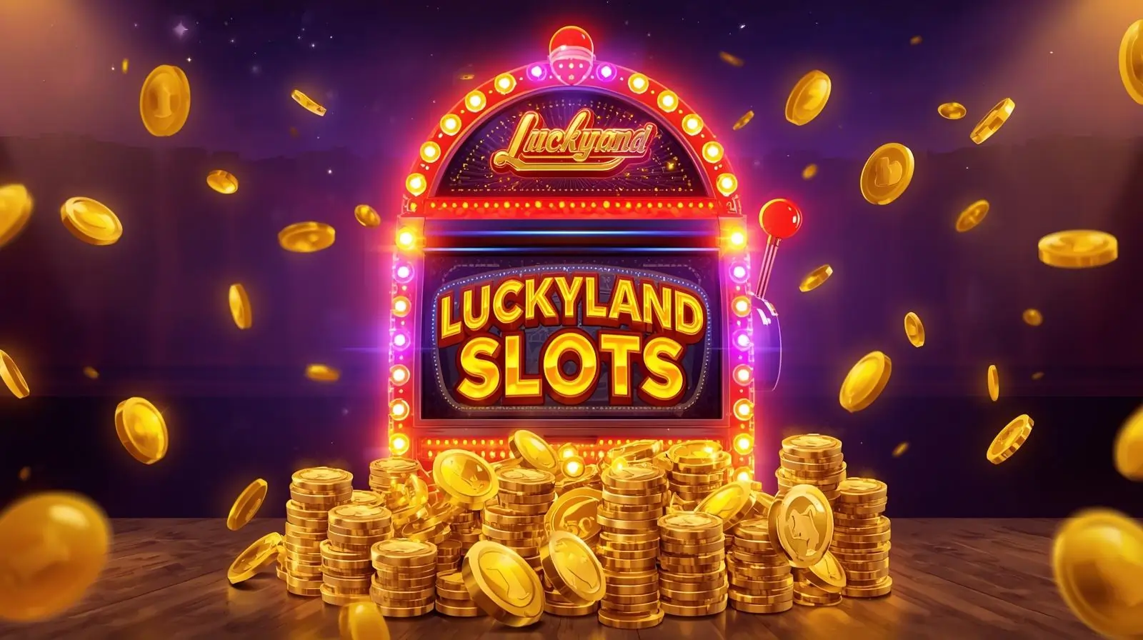 Colorful Luckyland Slots machine with coins and neon lights.