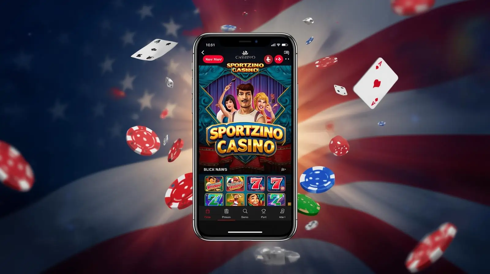 Sportzino casino app on smartphone with floating casino games, cards and dice for USA players review