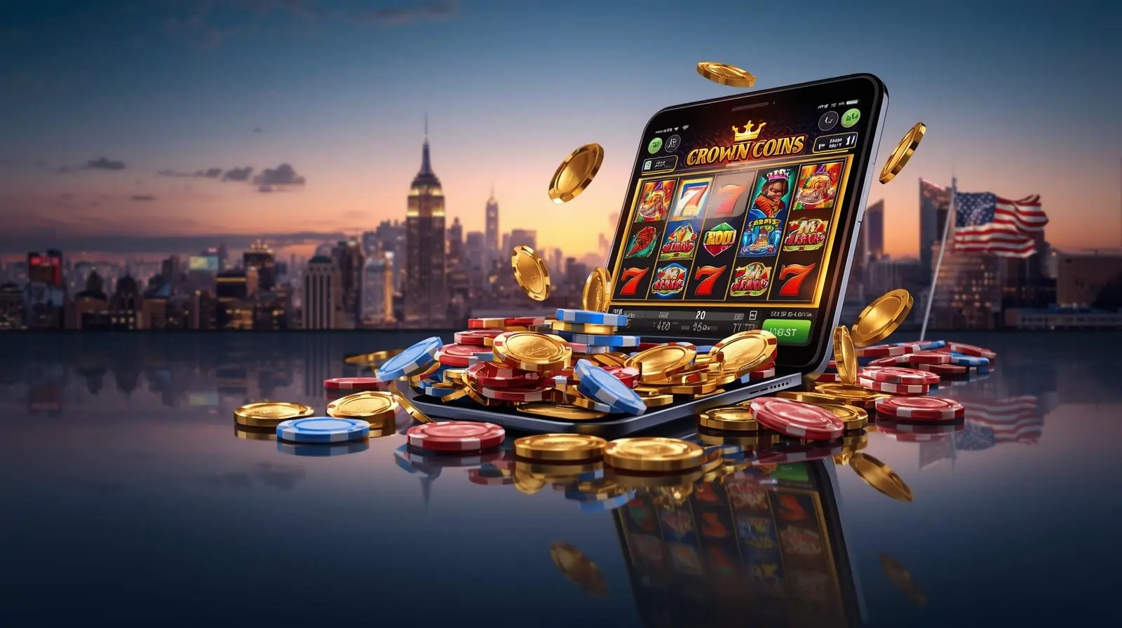 Mobile phone showing Crown Coins Casino app with coins and U.S. skyline