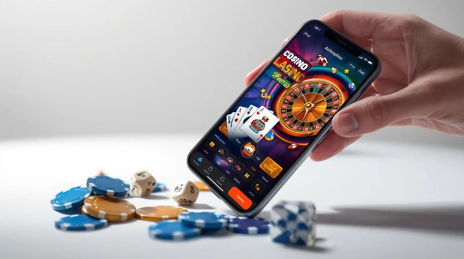 Smartphone showing modo casino app with slots, cards and roulette games on colorful interface with casino chips