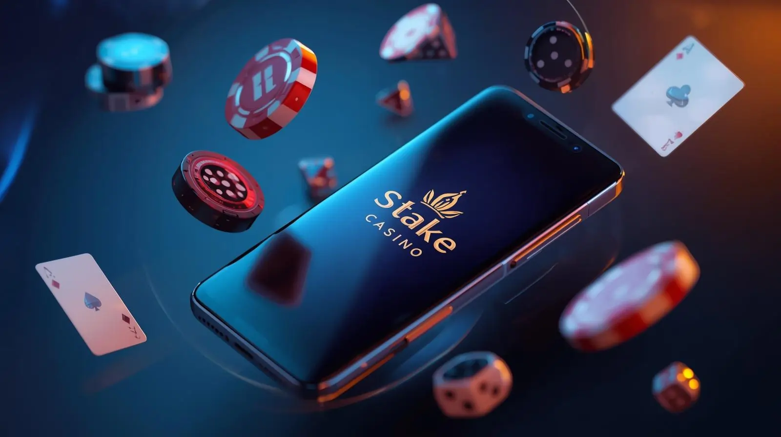 Smartphone showing Stake casino APK app interface with floating poker chips and cards for US players