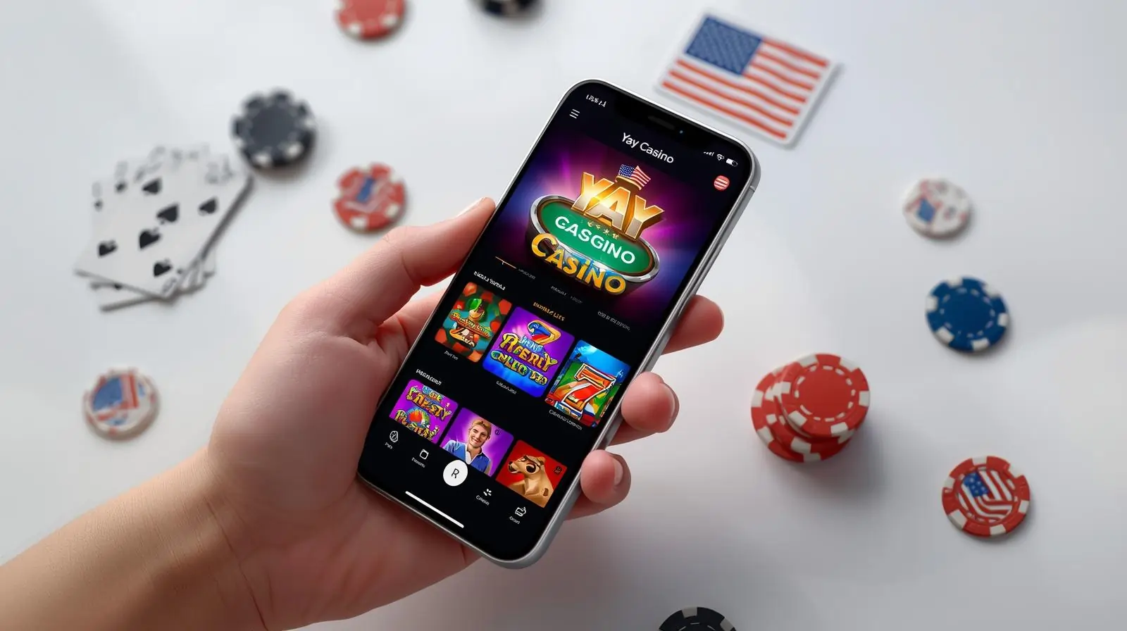 Smartphone showing Yay Casino APK with slots and poker chips.