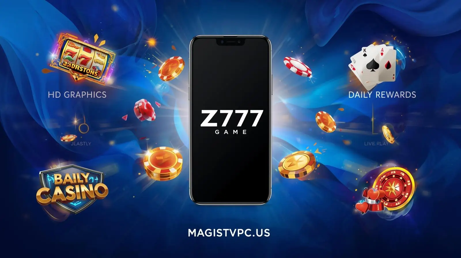 Z777 Game features overview showing slots, cards, and multiplayer icons