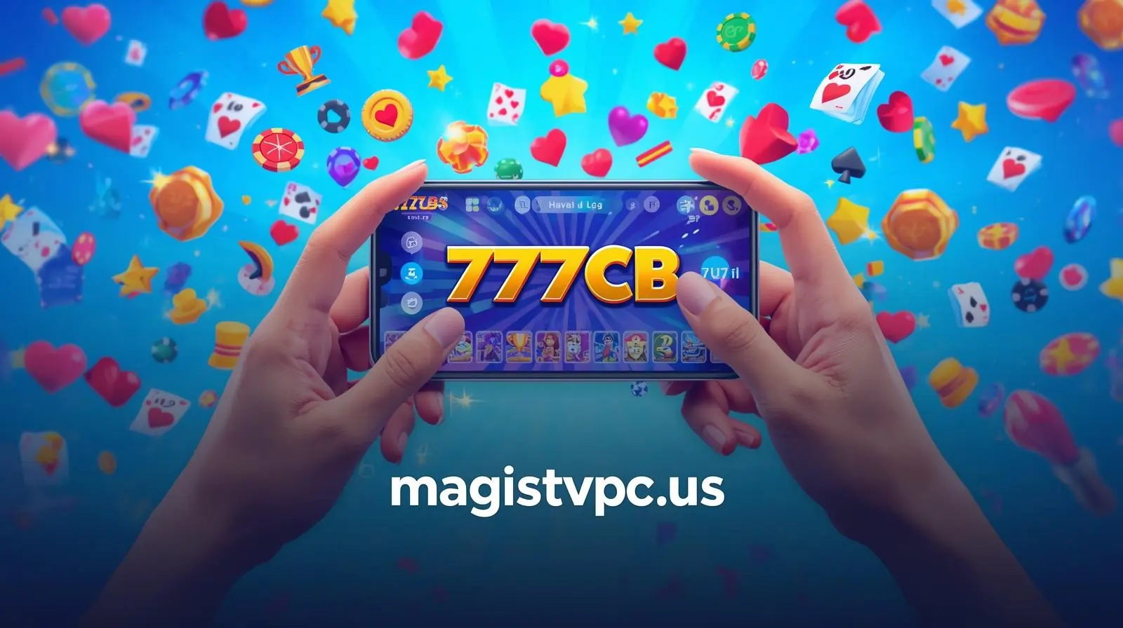 Person playing 777CB mobile game with glowing gaming icons