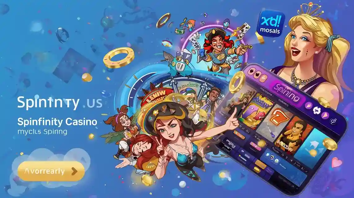 Person playing Spinfinity Casino app on smartphone with slot reels and chips