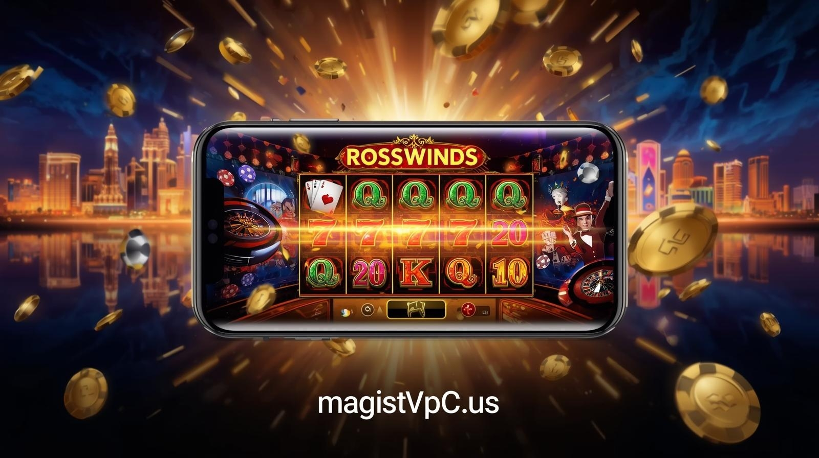 Rosswinds Casino App interface showing slots and poker gameplay