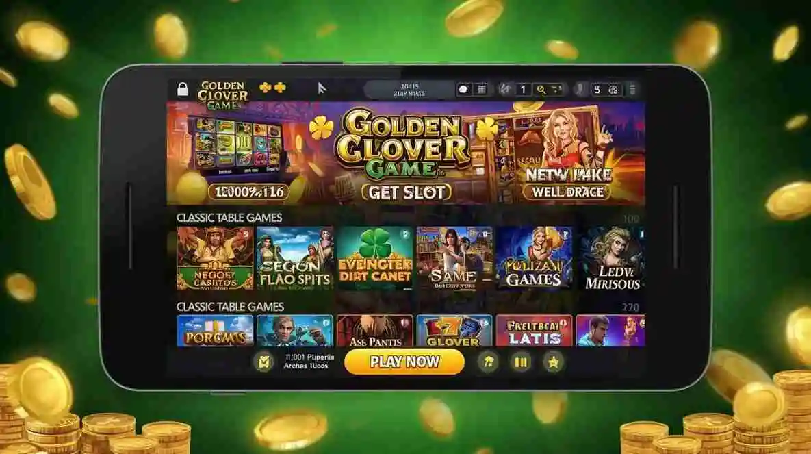 Smartphone showing Golden Clover Game app with slots, tables, and live dealer preview.