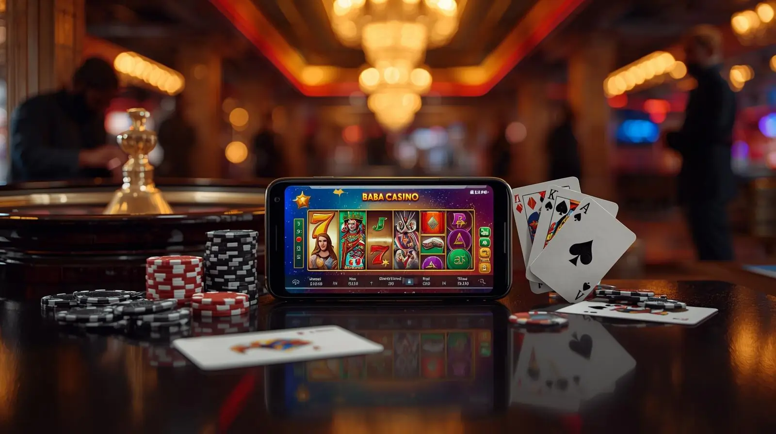 Smartphone showing Baba Casino APK UI with chips and roulette