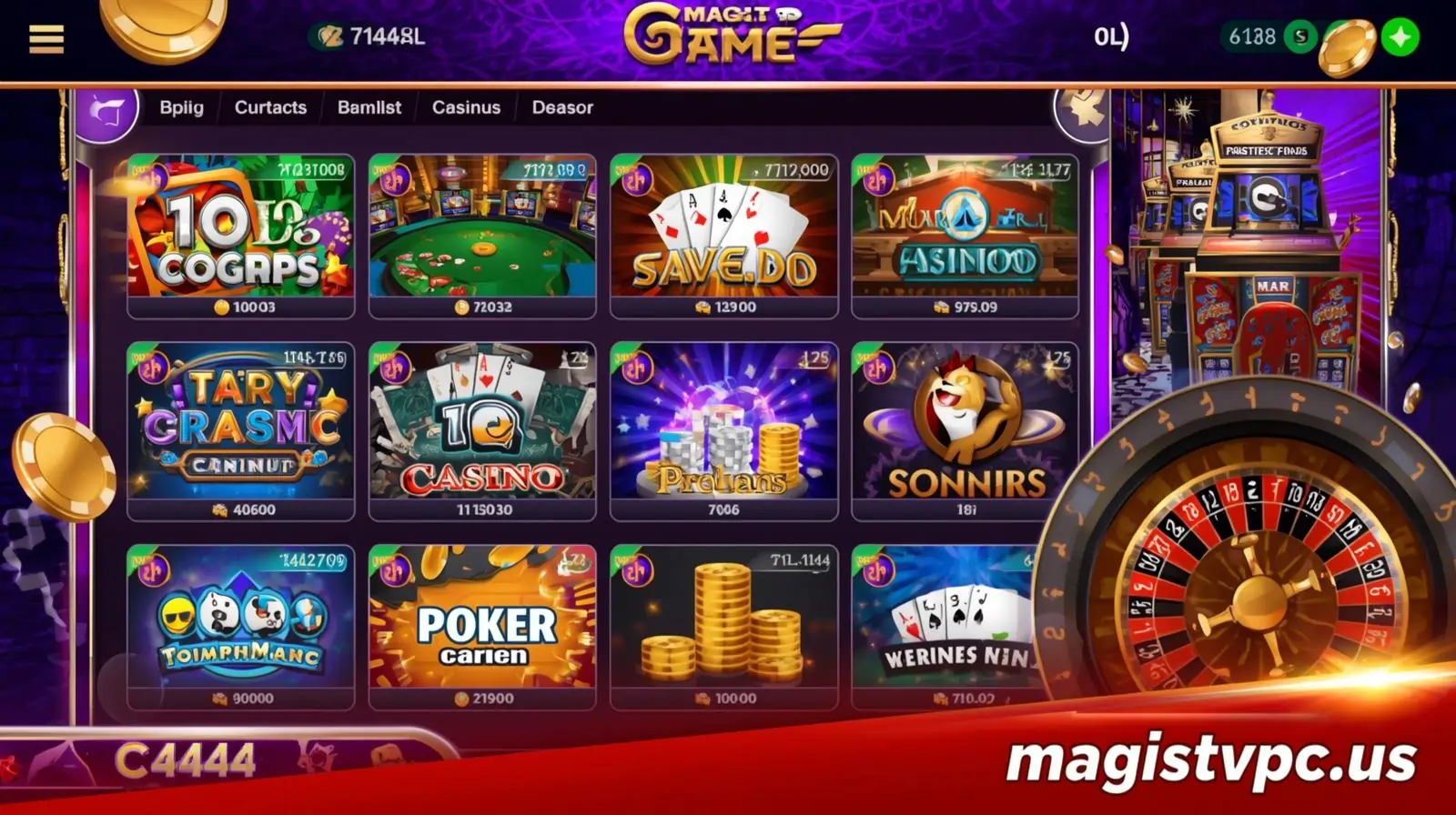 C444 Game APK showing mobile casino slots and poker interface