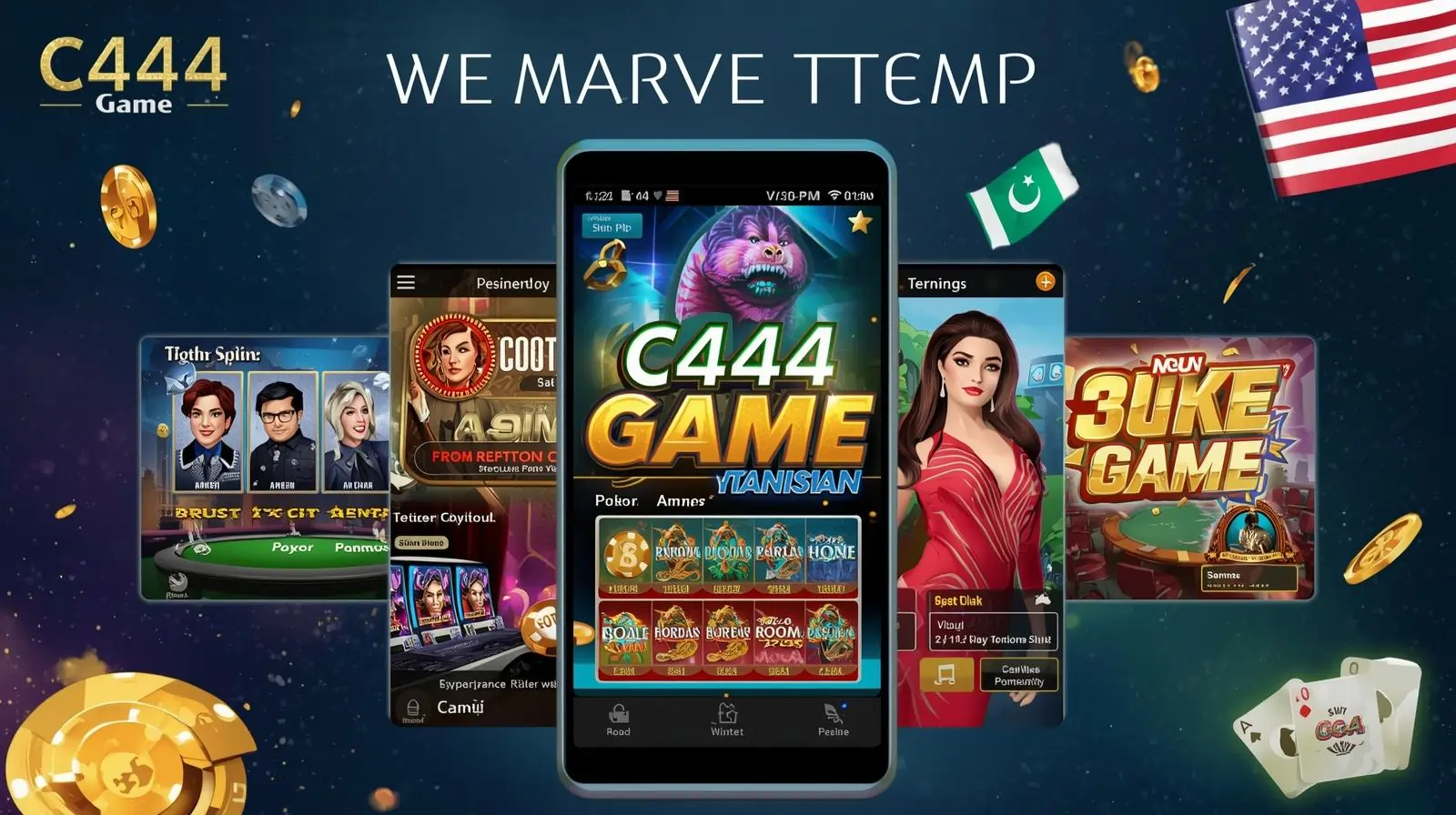 C444 Game mobile app showing slots, poker, and roulette on smartphone