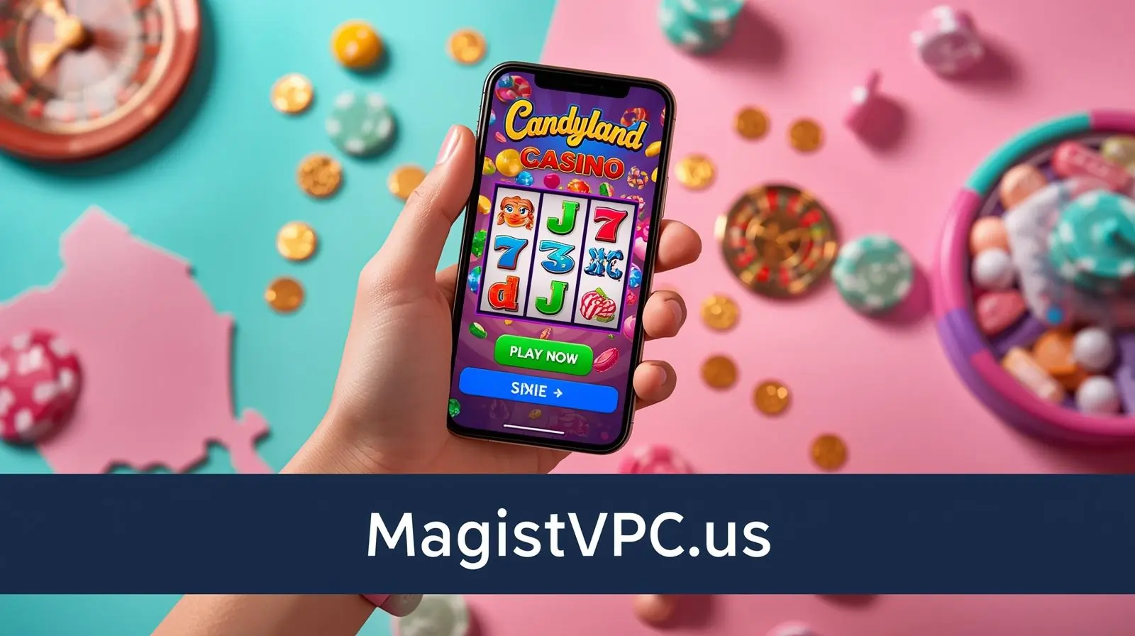Candyland Casino APK on smartphone showing colorful slot reels and chips