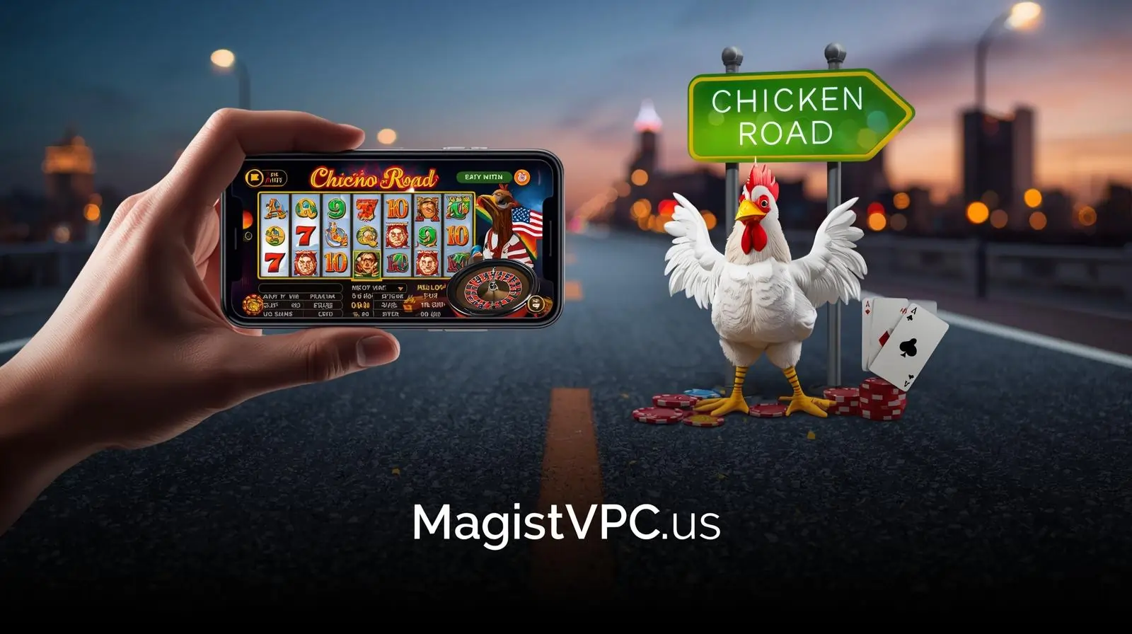 Smartphone showing Chicken Road Game with slots, live dealer, and road sign branding.