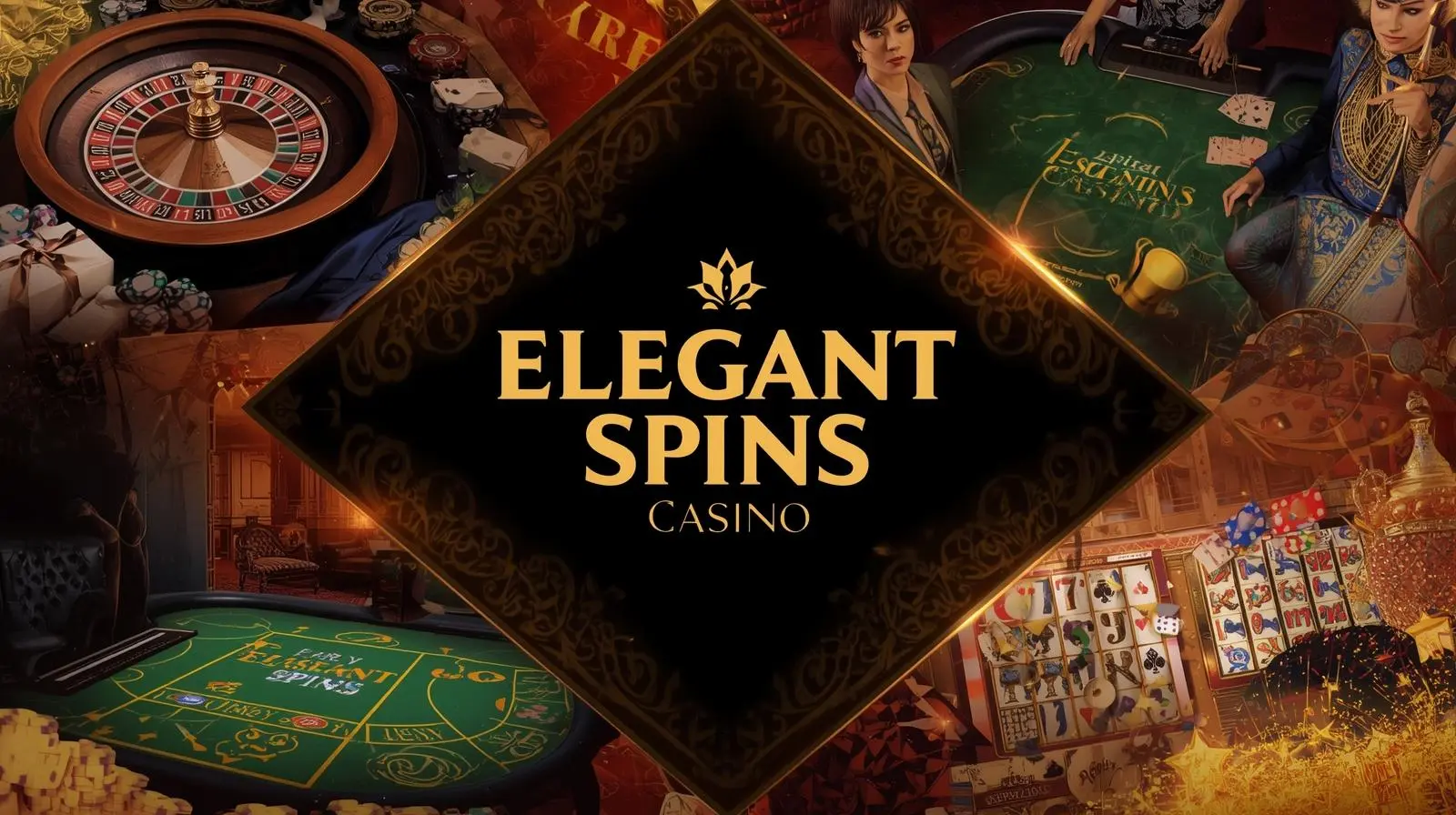 Elegant Spins Casino online gaming interface with gold and neon accents