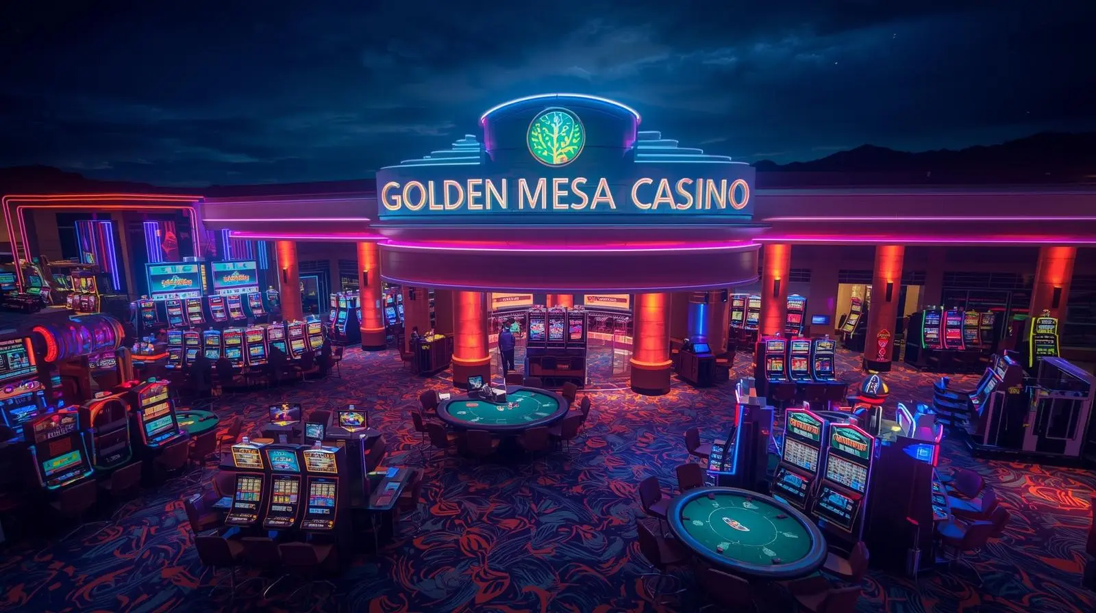 Golden Mesa Casino glowing at night with gaming action