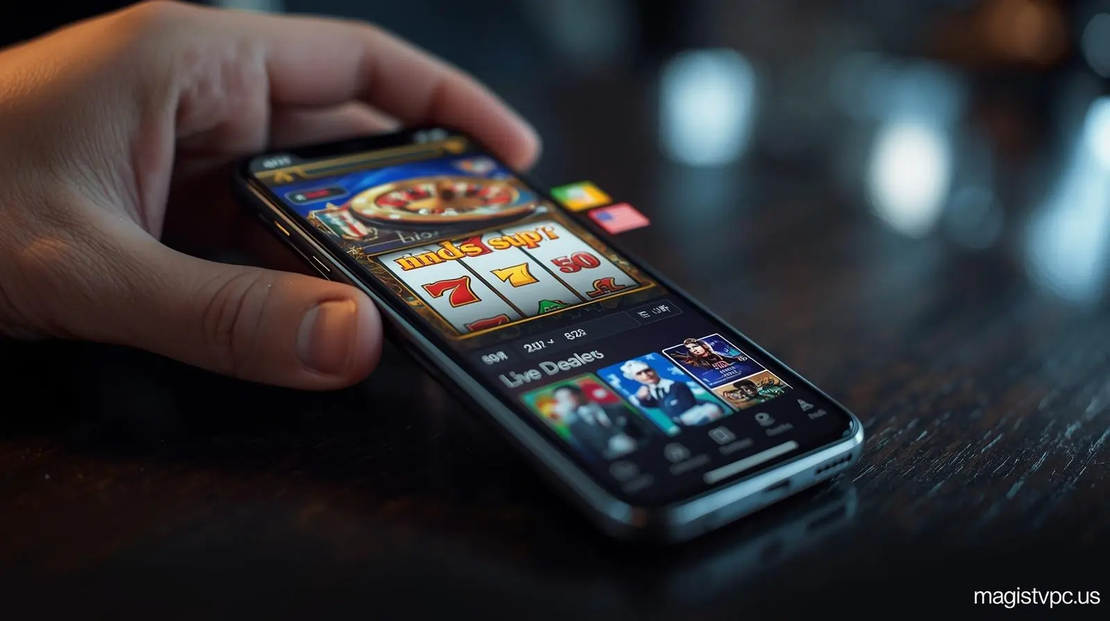 KK33 game APK on smartphone with slots, roulette, and live dealer UI.