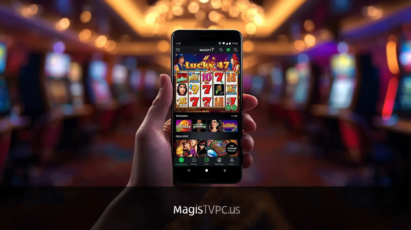 Smartphone showing Lucky 47 casino app with slots and live dealer, magistvpc.us