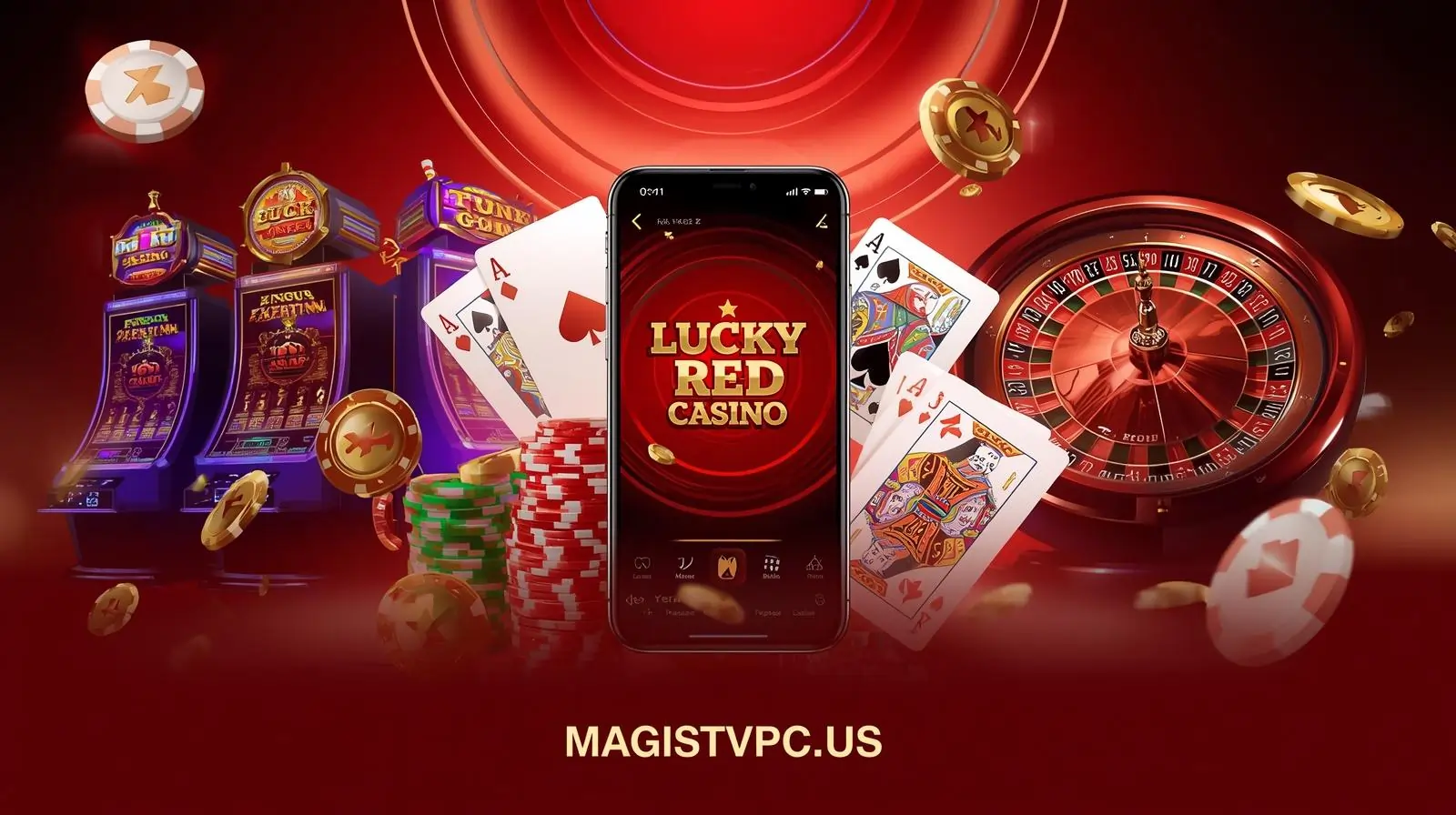Lucky Red Casino app with slots and poker on phone