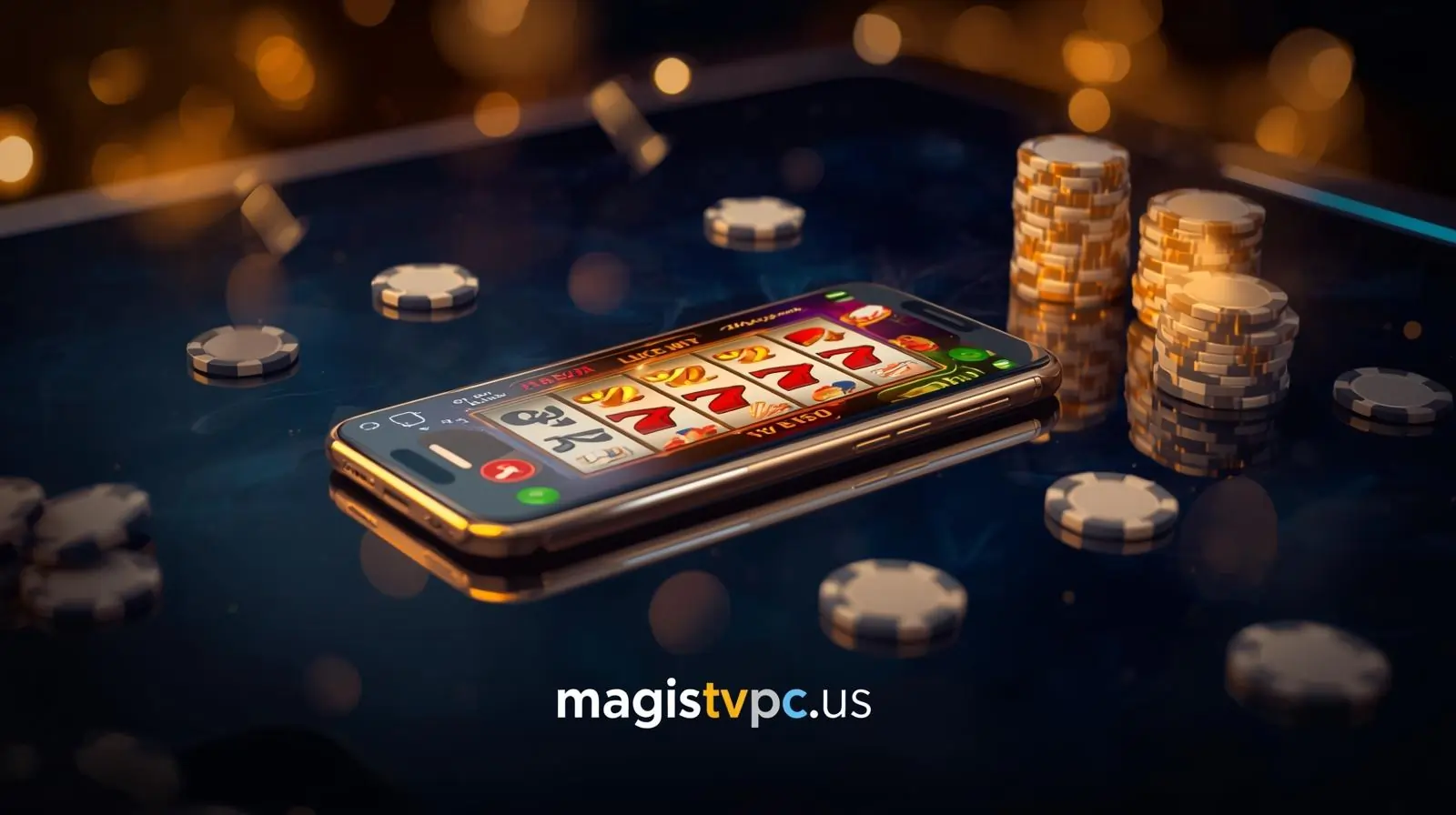 Lucky Win 777 casino app on smartphone with chips and slots