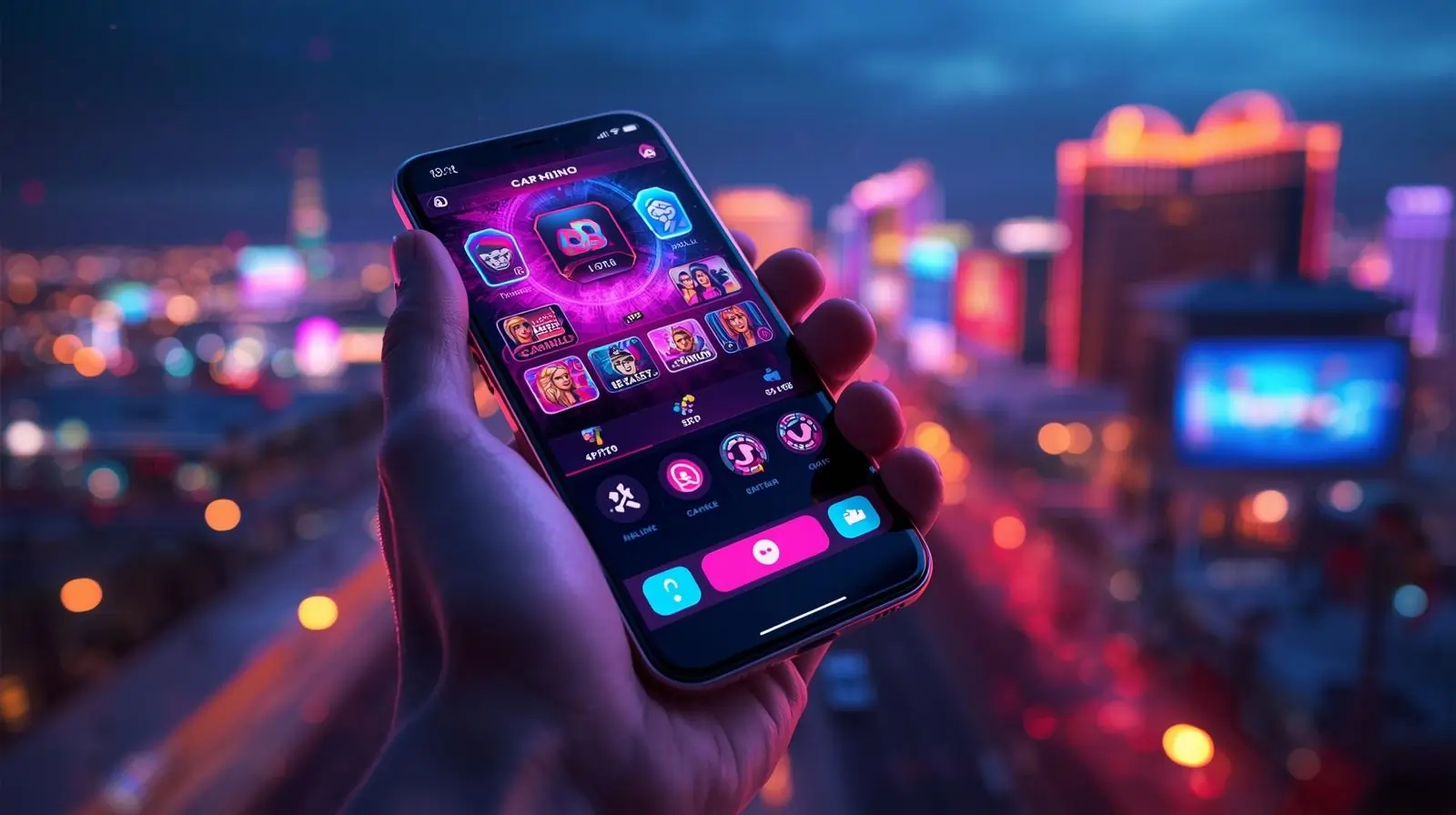 Smartphone displaying neon-lit casino app UI with Vegas skyline background