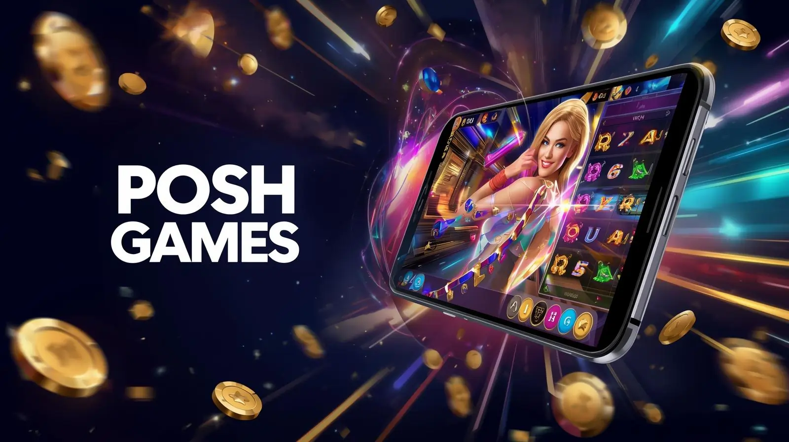 Posh Game App interface showing slots and poker on a smartphone