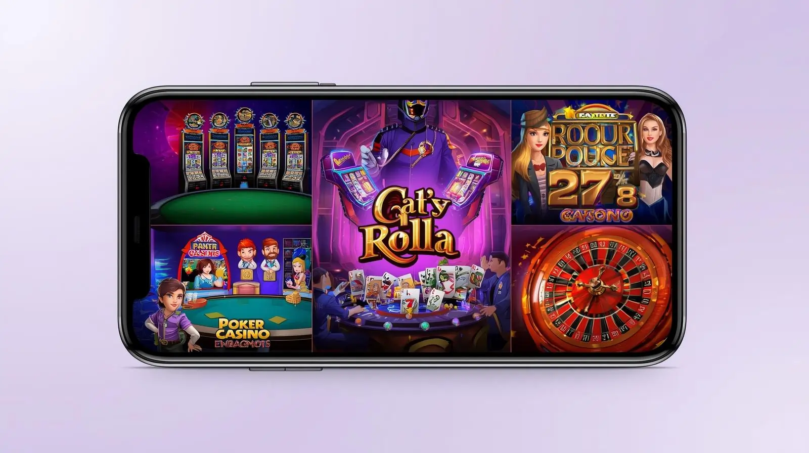 Rolla Casino app interface with poker, slots, and roulette