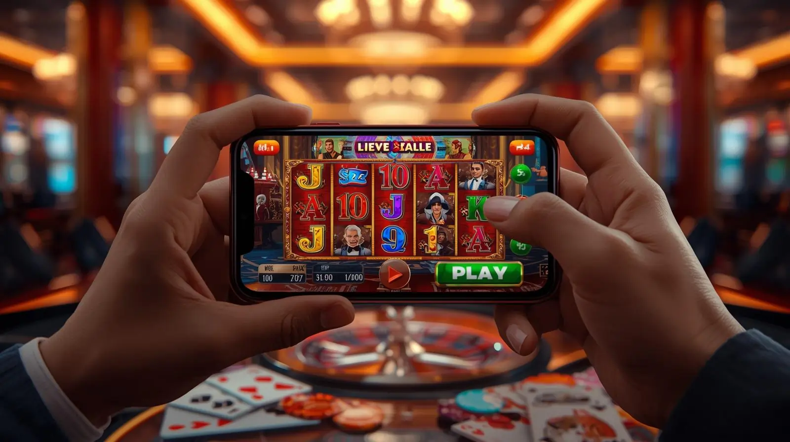 Smartphone displaying Rainbow Casino APK with slots, live dealer, and poker chips.