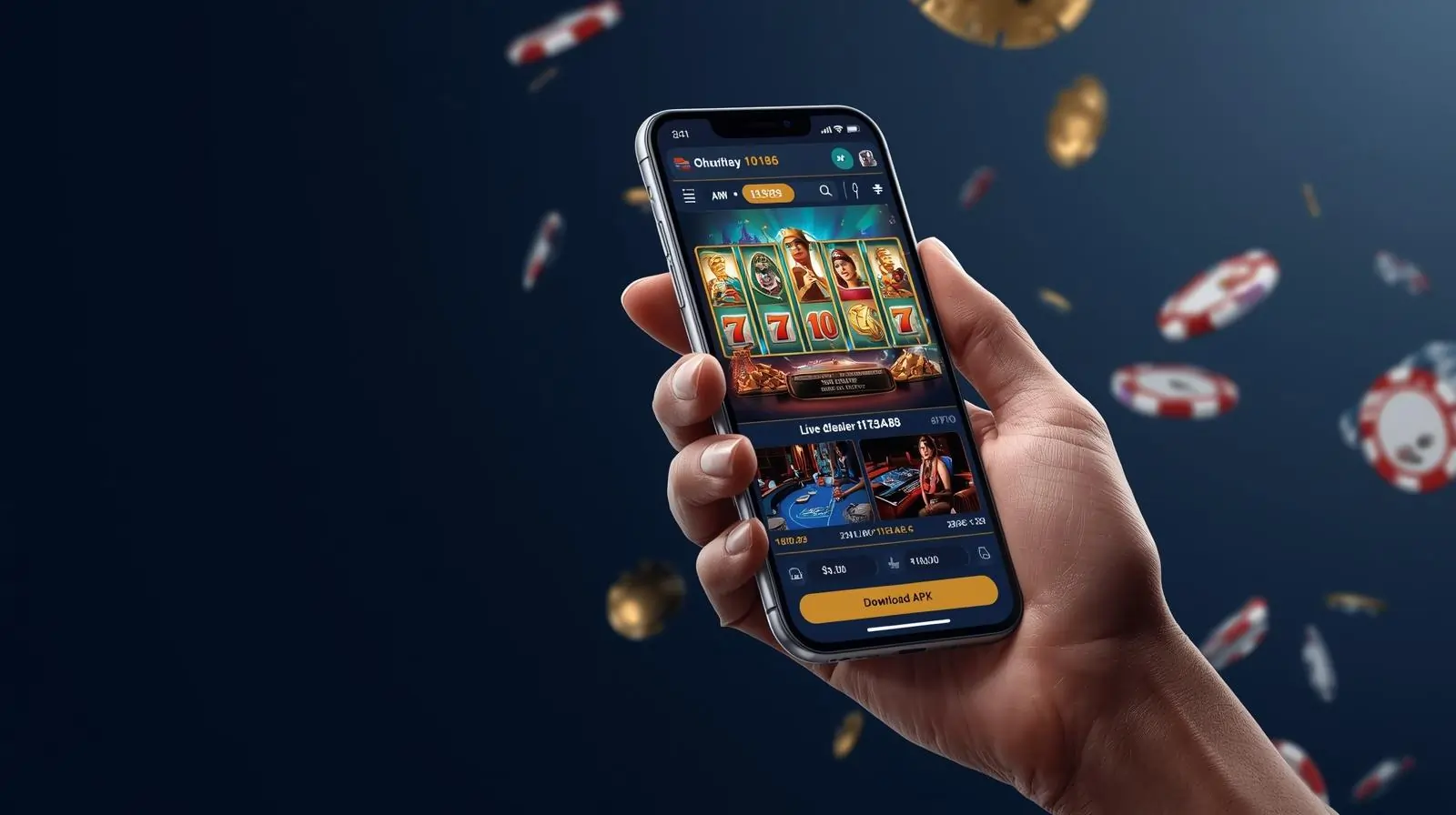 Smartphone showing casino app with slots, poker, and live dealer interface