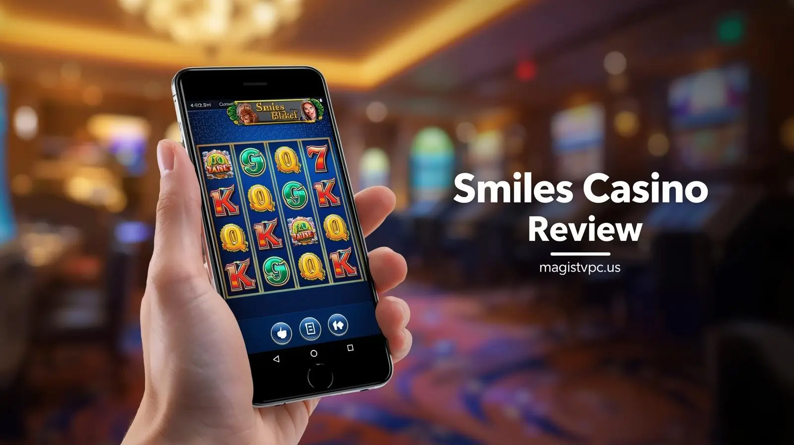 Smartphone showing Smiles Casino app with slots and live dealer stream