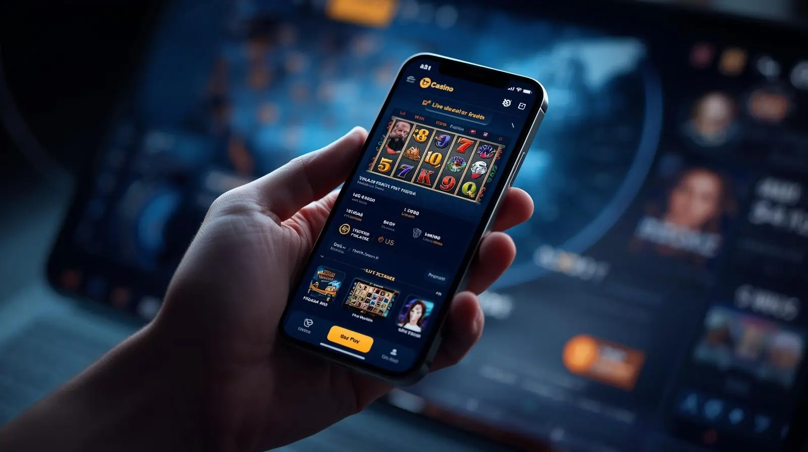 Smartphone showing SnapchatPlanet Casino app with slots and live dealer
