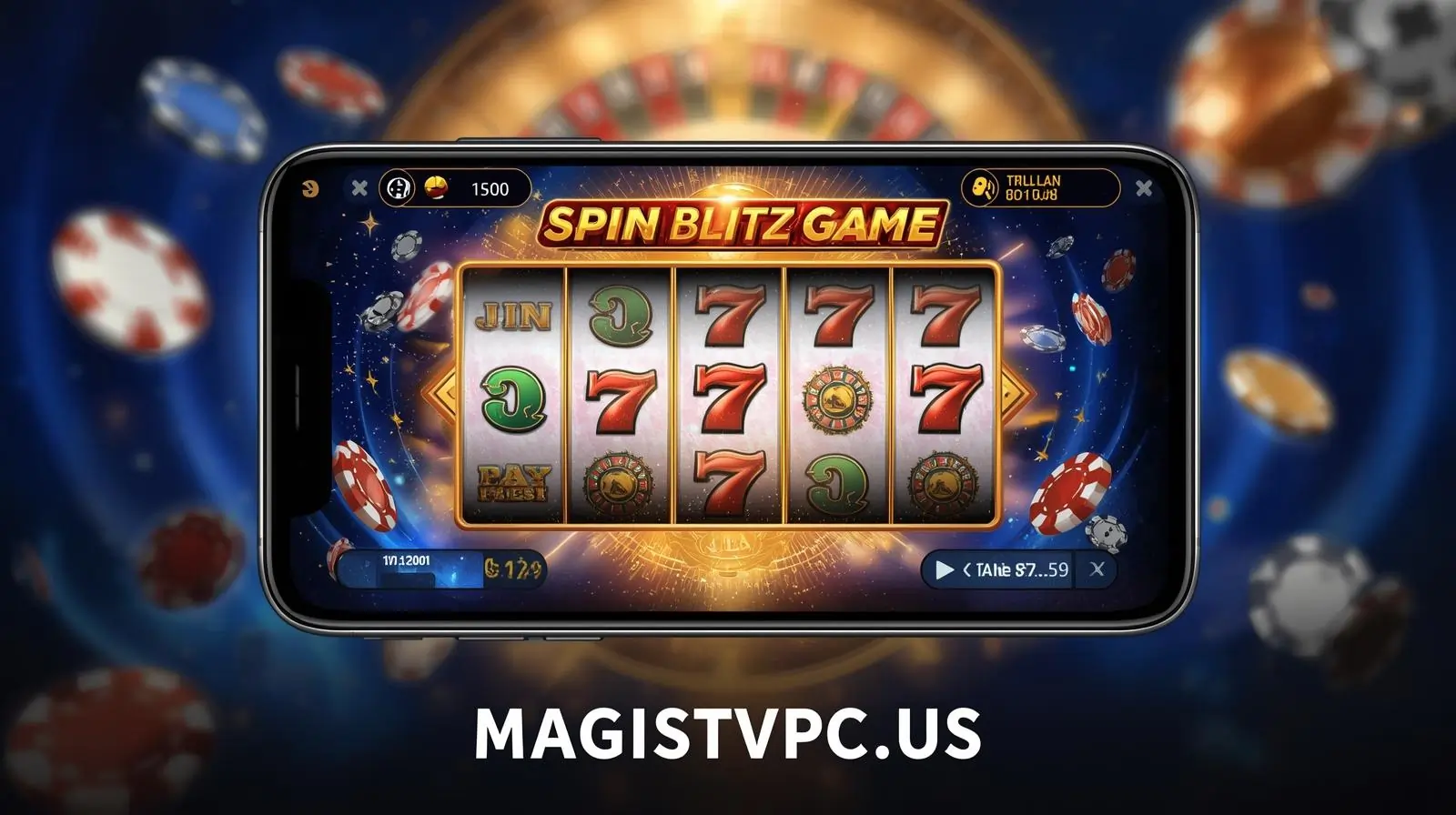 Spin Blitz Game interface with slots, poker chips, and roulette wheel