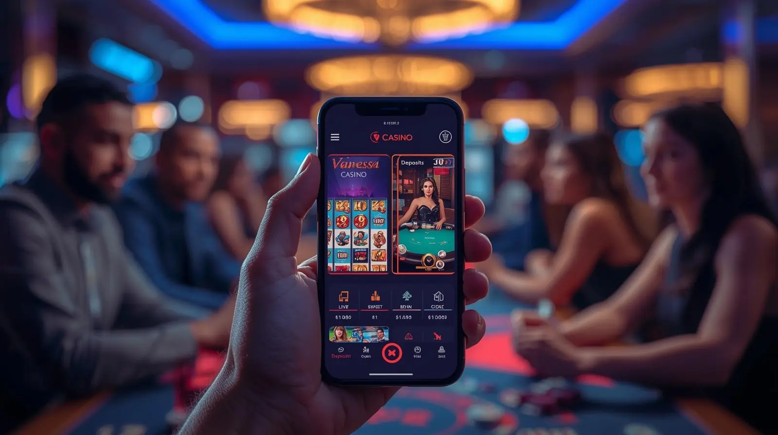 Smartphone showing Vanessa Casino app with slots and live poker table