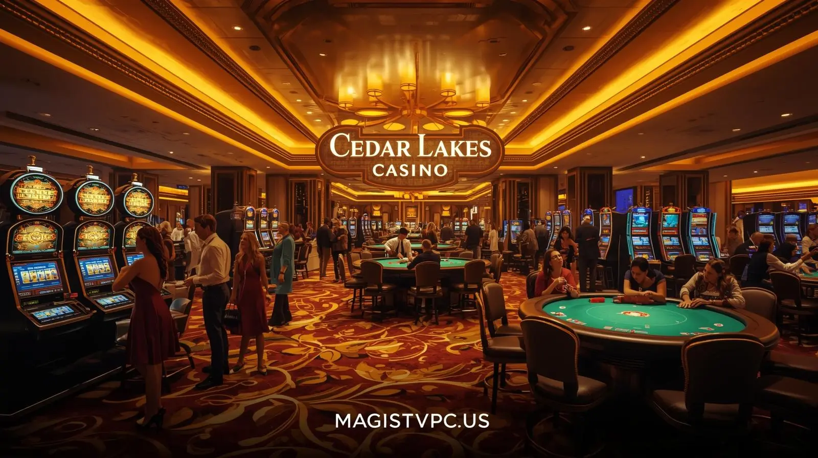Cedar Lakes Casino gaming floor with slot machines and happy players