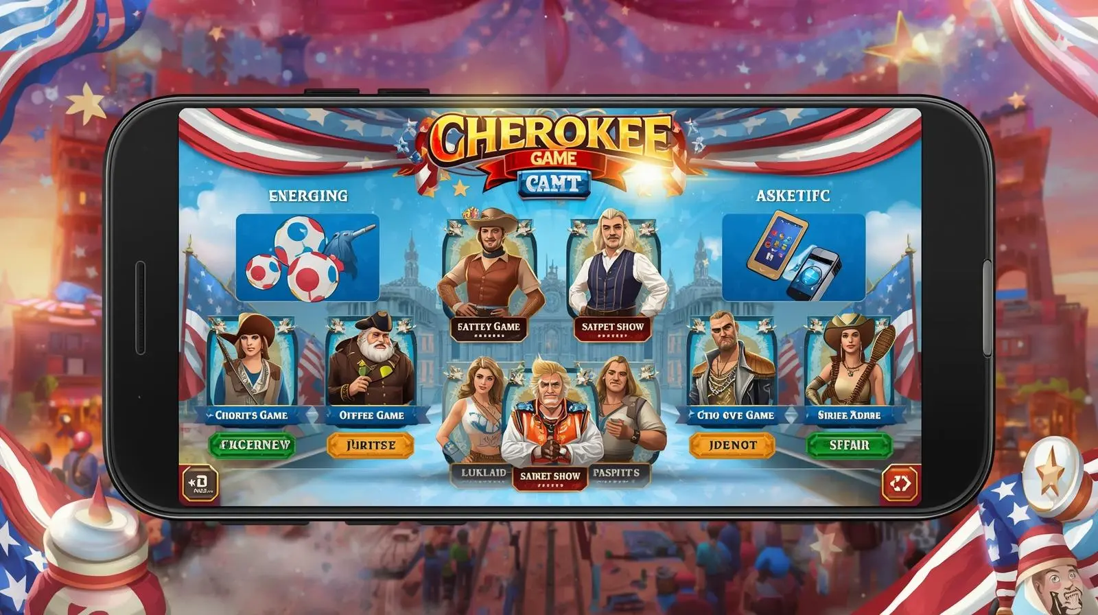 Cherokee Game APK mobile interface with U.S. gaming theme