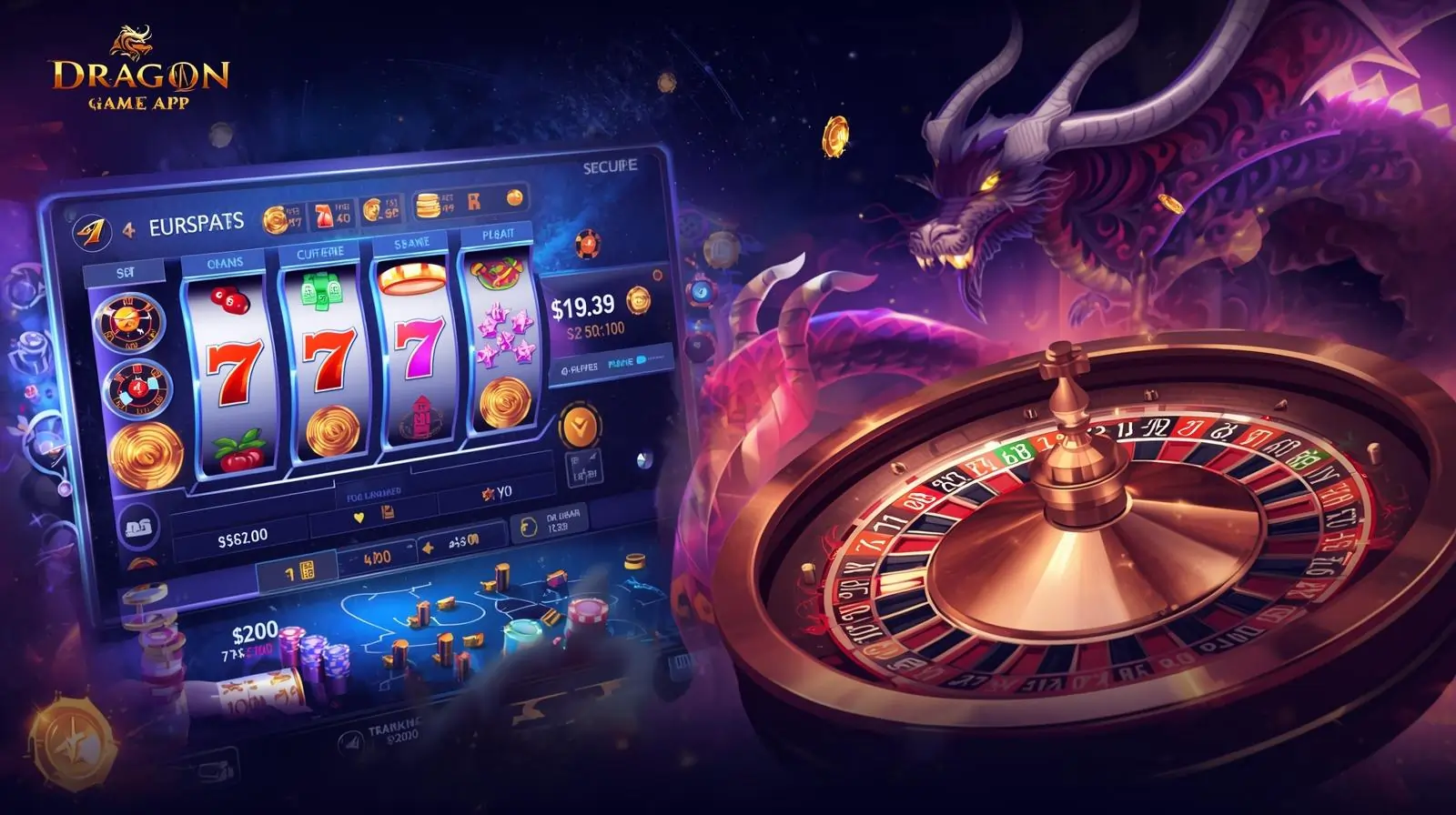 Dragon Game App showing mobile slots, poker, and roulette