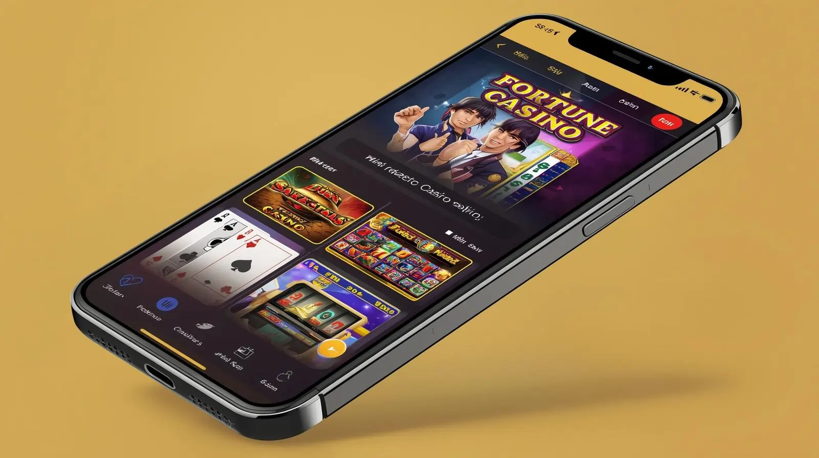 Smartphone showing Fortune Casino mobile app with poker and slots