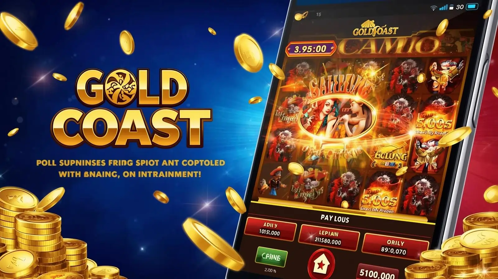 Gold Coast Casino APK app showing slot machines and roulette on phone screen