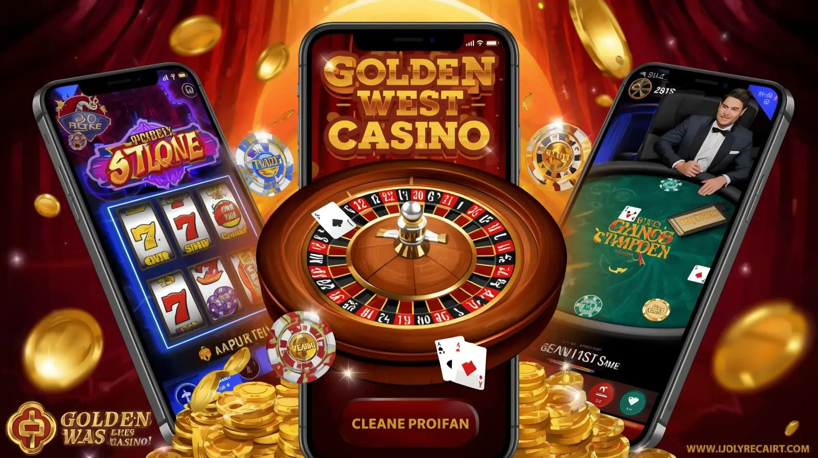 Golden West Casino app interface with slot machines and poker chips