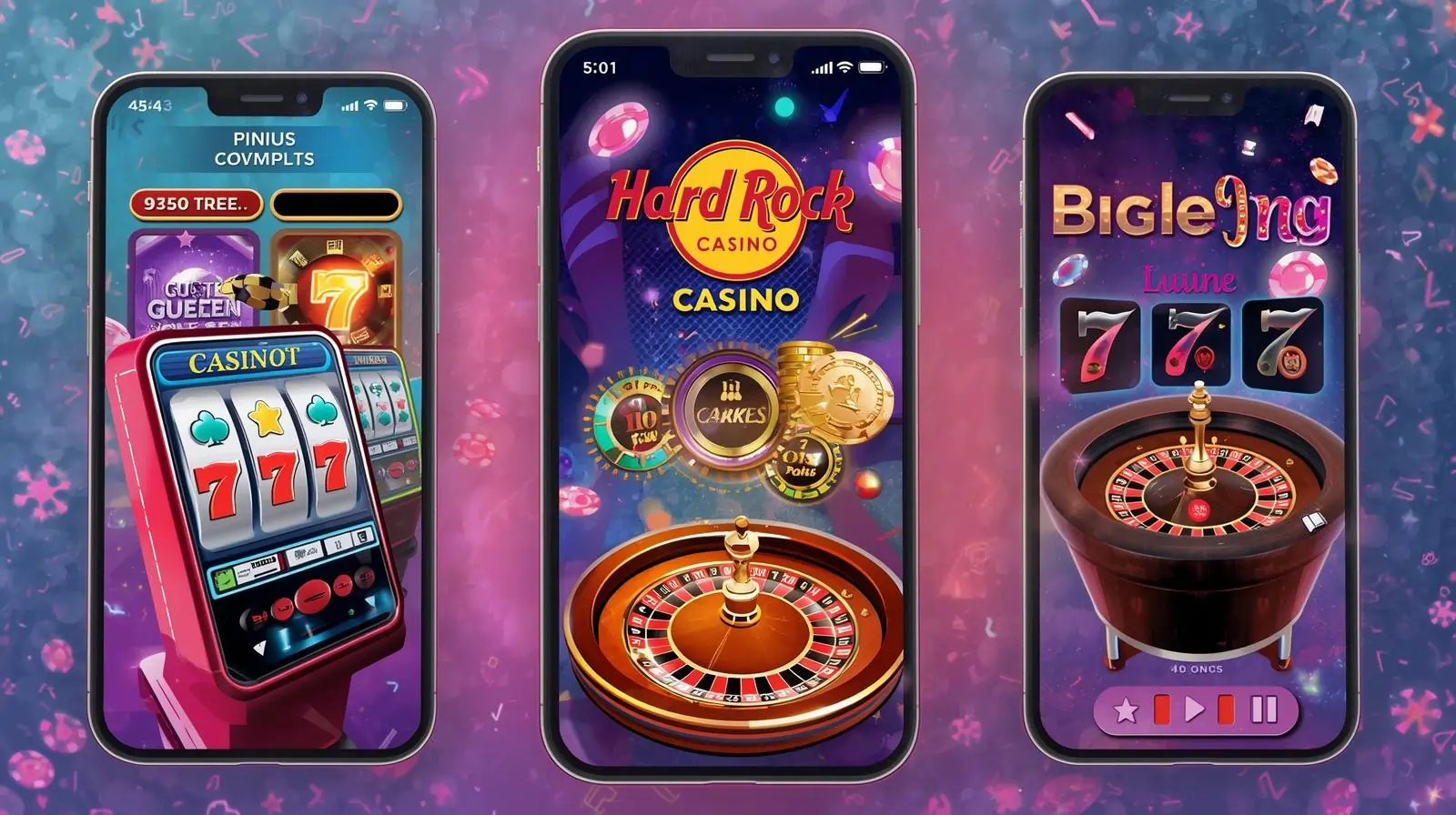 Hard Rock Casino app interface with slots, poker, and roulette