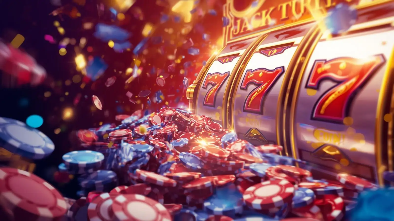 Colorful mobile casino interface with slots, chips, and jackpot effects.