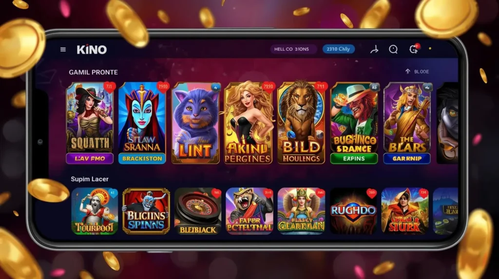 Casino app interface with slots, cards, and chips on smartphone
