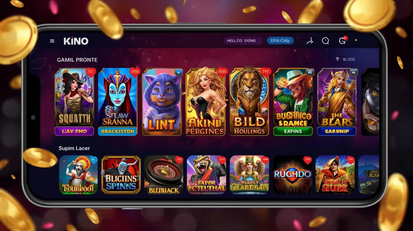 Casino app interface with slots, cards, and chips on smartphone