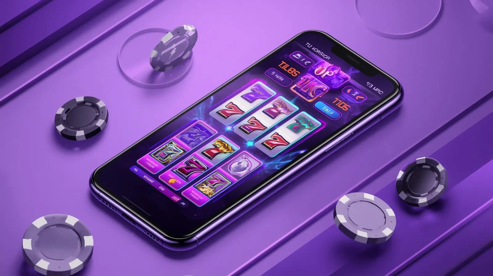 Mobile casino app display with slots, chips, and roulette in lilac neon style.