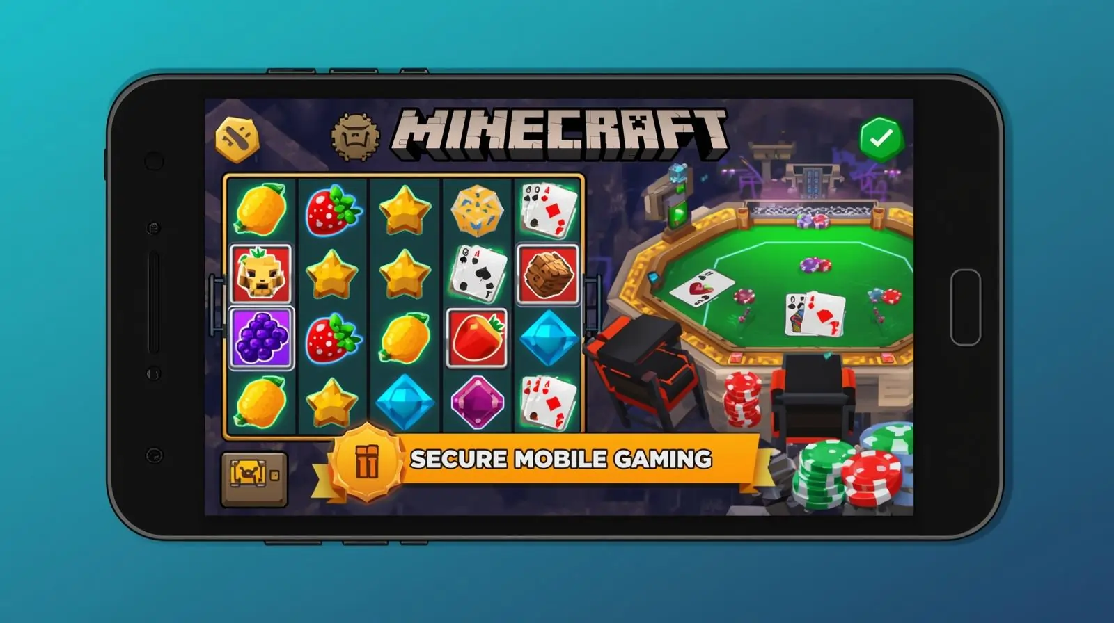 Minecraft-style casino with slots and poker tables