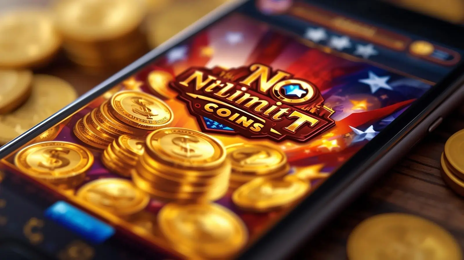 No Limit Coins Game app on smartphone with coins and slot reels